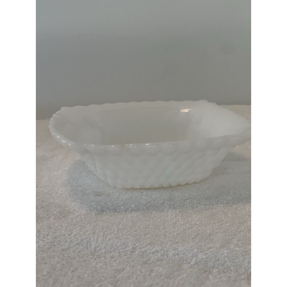 Anchor Hocking Bowl PC Vintage Milk Glass Square Snack Candy Dish Hobnail